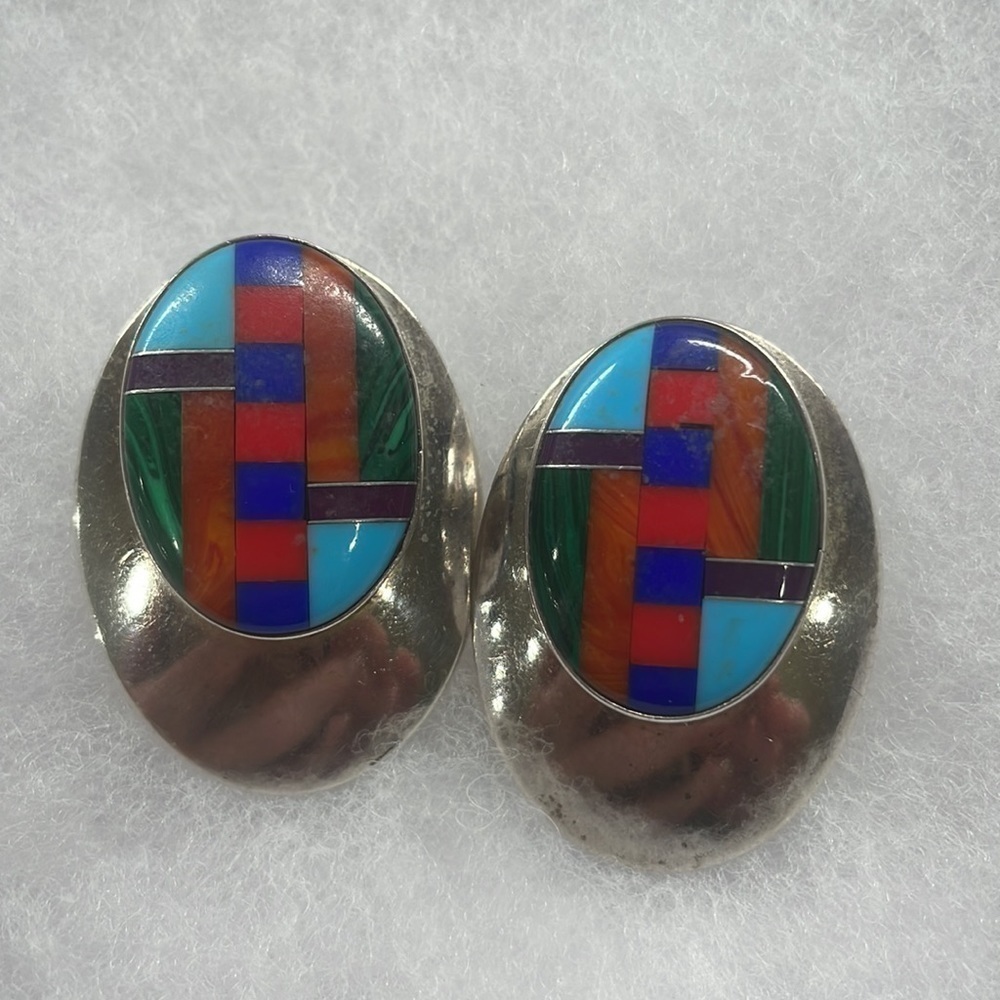 Zuni Inlay Sterling Earrings—Turquoise, Coral, Lapis, Malachite, Large Earr—EUC!